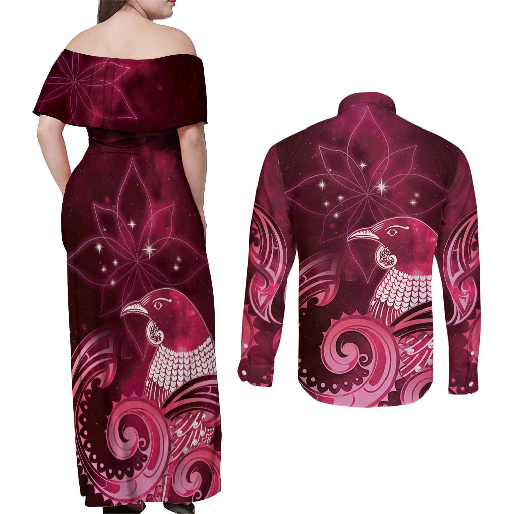 New Zealand Matariki Couples Matching Off Shoulder Maxi Dress and Long Sleeve Button Shirt Maori Tui Bird Magenta Galaxy DT05 - Polynesian Pride