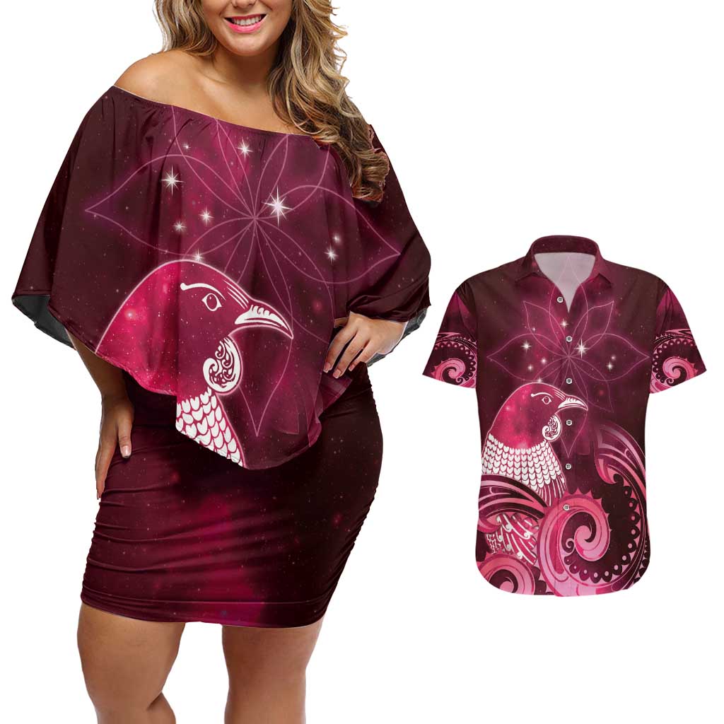 New Zealand Matariki Couples Matching Off Shoulder Short Dress and Hawaiian Shirt Maori Tui Bird Magenta Galaxy DT05 Magenta - Polynesian Pride