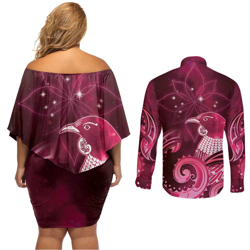 New Zealand Matariki Couples Matching Off Shoulder Short Dress and Long Sleeve Button Shirt Maori Tui Bird Magenta Galaxy DT05 - Polynesian Pride