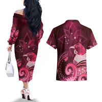 New Zealand Matariki Couples Matching Off The Shoulder Long Sleeve Dress and Hawaiian Shirt Maori Tui Bird Magenta Galaxy DT05 - Polynesian Pride