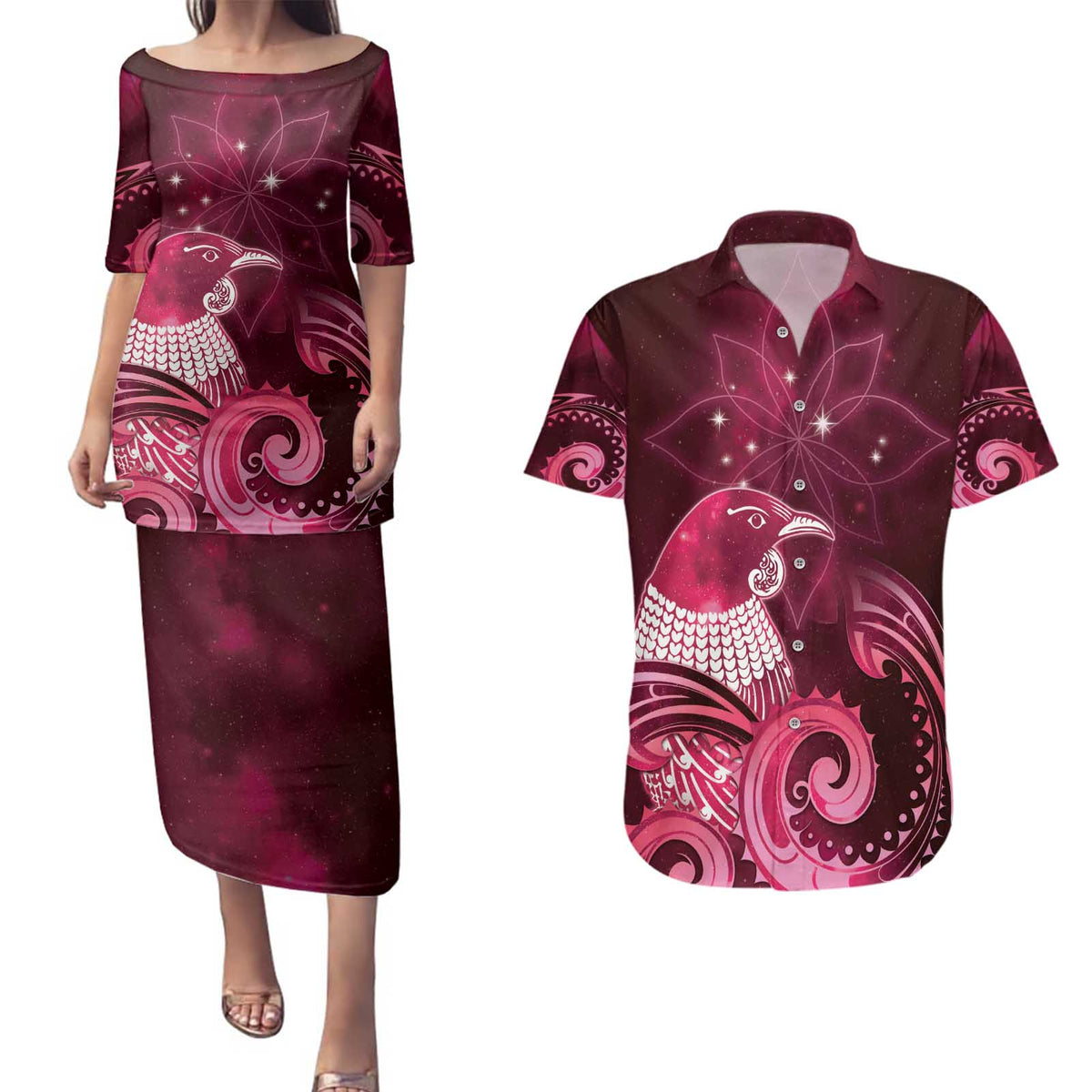 New Zealand Matariki Couples Matching Puletasi and Hawaiian Shirt Maori Tui Bird Magenta Galaxy DT05 Magenta - Polynesian Pride