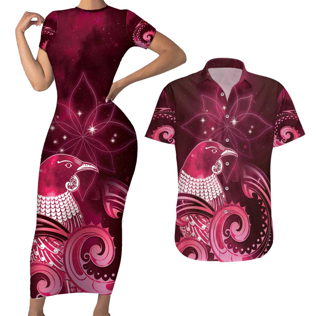 New Zealand Matariki Couples Matching Short Sleeve Bodycon Dress and Hawaiian Shirt Maori Tui Bird Magenta Galaxy DT05 Magenta - Polynesian Pride