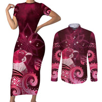 New Zealand Matariki Couples Matching Short Sleeve Bodycon Dress and Long Sleeve Button Shirt Maori Tui Bird Magenta Galaxy DT05 Magenta - Polynesian Pride
