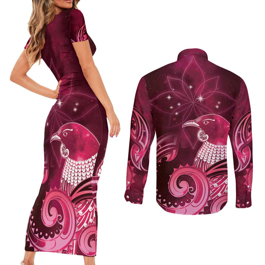 New Zealand Matariki Couples Matching Short Sleeve Bodycon Dress and Long Sleeve Button Shirt Maori Tui Bird Magenta Galaxy DT05 - Polynesian Pride