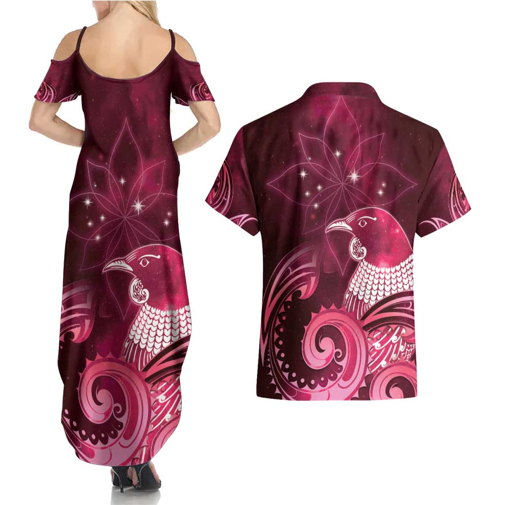New Zealand Matariki Couples Matching Summer Maxi Dress and Hawaiian Shirt Maori Tui Bird Magenta Galaxy DT05 - Polynesian Pride