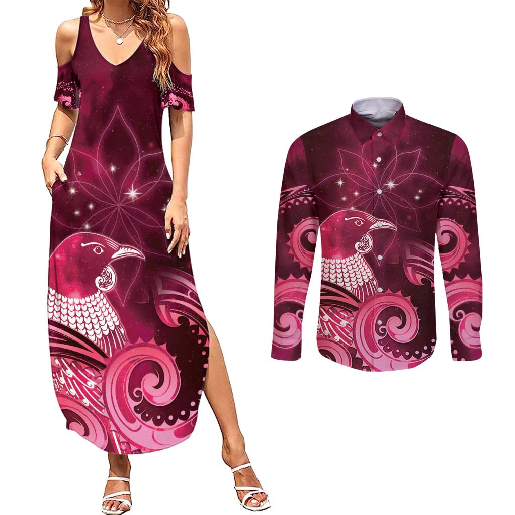 New Zealand Matariki Couples Matching Summer Maxi Dress and Long Sleeve Button Shirt Maori Tui Bird Magenta Galaxy DT05 Magenta - Polynesian Pride