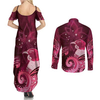 New Zealand Matariki Couples Matching Summer Maxi Dress and Long Sleeve Button Shirt Maori Tui Bird Magenta Galaxy DT05 - Polynesian Pride