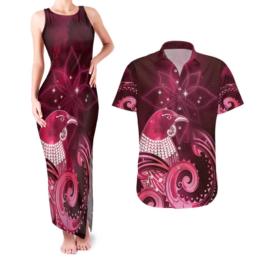 New Zealand Matariki Couples Matching Tank Maxi Dress and Hawaiian Shirt Maori Tui Bird Magenta Galaxy DT05 Magenta - Polynesian Pride