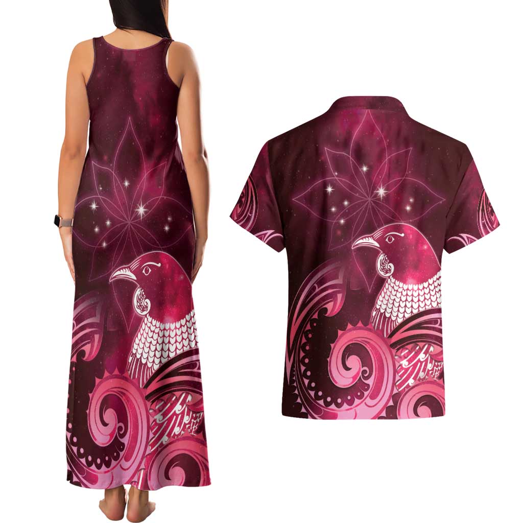 New Zealand Matariki Couples Matching Tank Maxi Dress and Hawaiian Shirt Maori Tui Bird Magenta Galaxy DT05 - Polynesian Pride