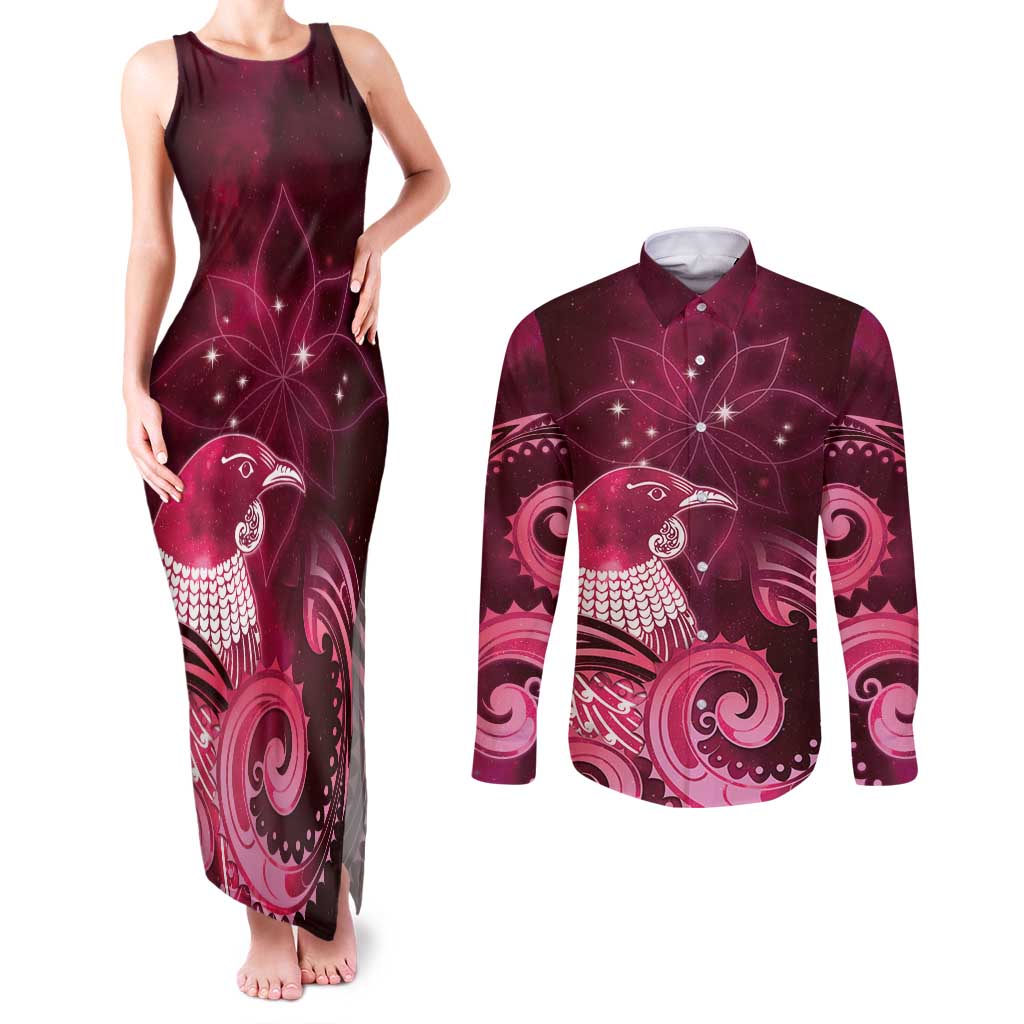 New Zealand Matariki Couples Matching Tank Maxi Dress and Long Sleeve Button Shirt Maori Tui Bird Magenta Galaxy DT05 Magenta - Polynesian Pride