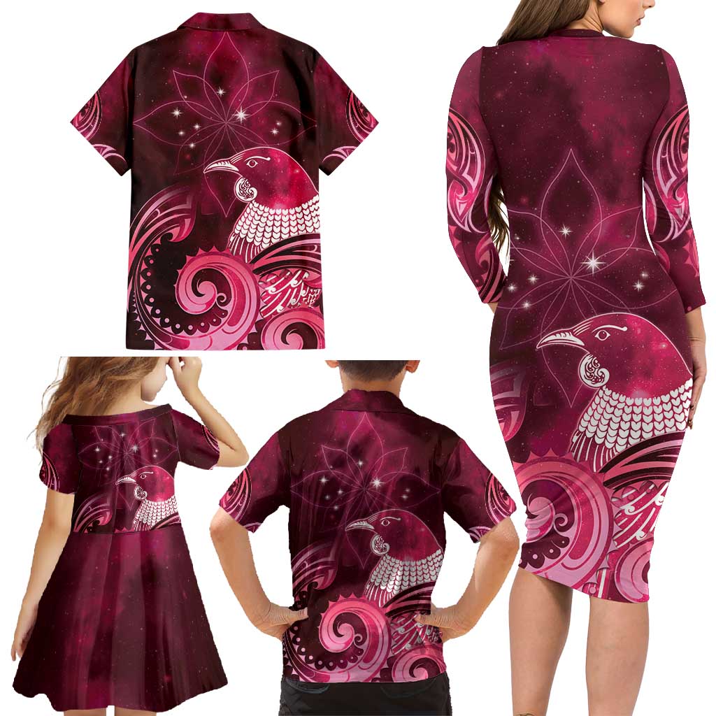 New Zealand Matariki Family Matching Long Sleeve Bodycon Dress and Hawaiian Shirt Maori Tui Bird Magenta Galaxy DT05 - Polynesian Pride