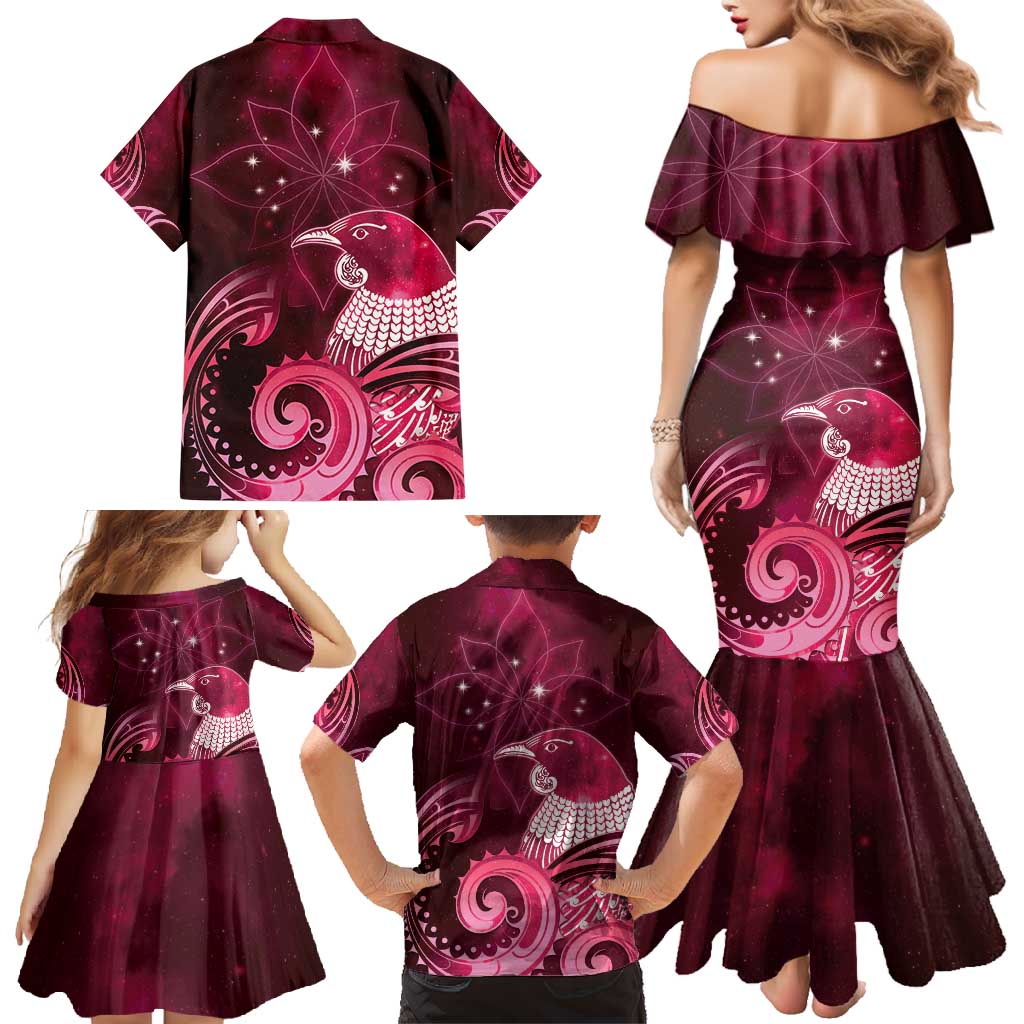 New Zealand Matariki Family Matching Mermaid Dress and Hawaiian Shirt Maori Tui Bird Magenta Galaxy DT05 - Polynesian Pride
