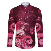 New Zealand Matariki Family Matching Mermaid Dress and Hawaiian Shirt Maori Tui Bird Magenta Galaxy DT05 Dad's Shirt - Long Sleeve Magenta - Polynesian Pride