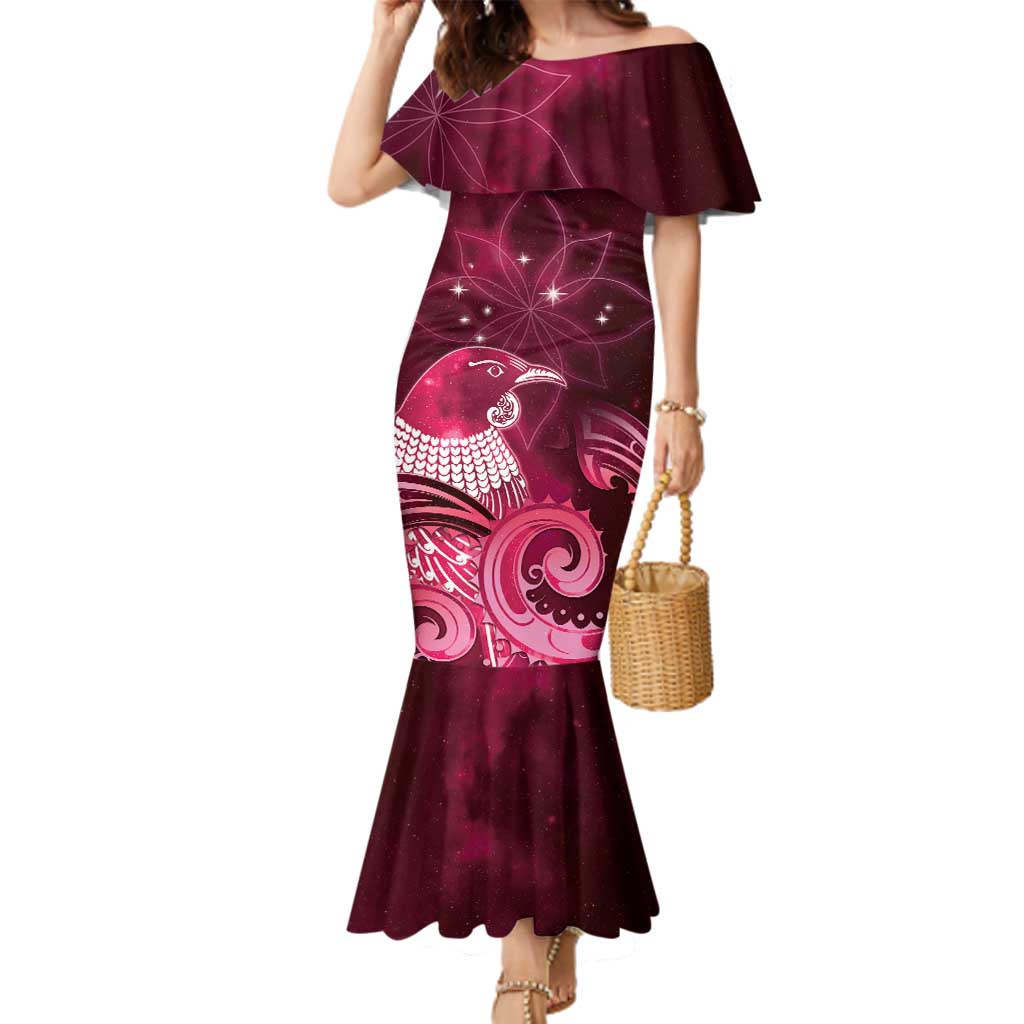 New Zealand Matariki Family Matching Mermaid Dress and Hawaiian Shirt Maori Tui Bird Magenta Galaxy DT05 Mom's Dress Magenta - Polynesian Pride