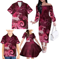 New Zealand Matariki Family Matching Off The Shoulder Long Sleeve Dress and Hawaiian Shirt Maori Tui Bird Magenta Galaxy DT05 - Polynesian Pride