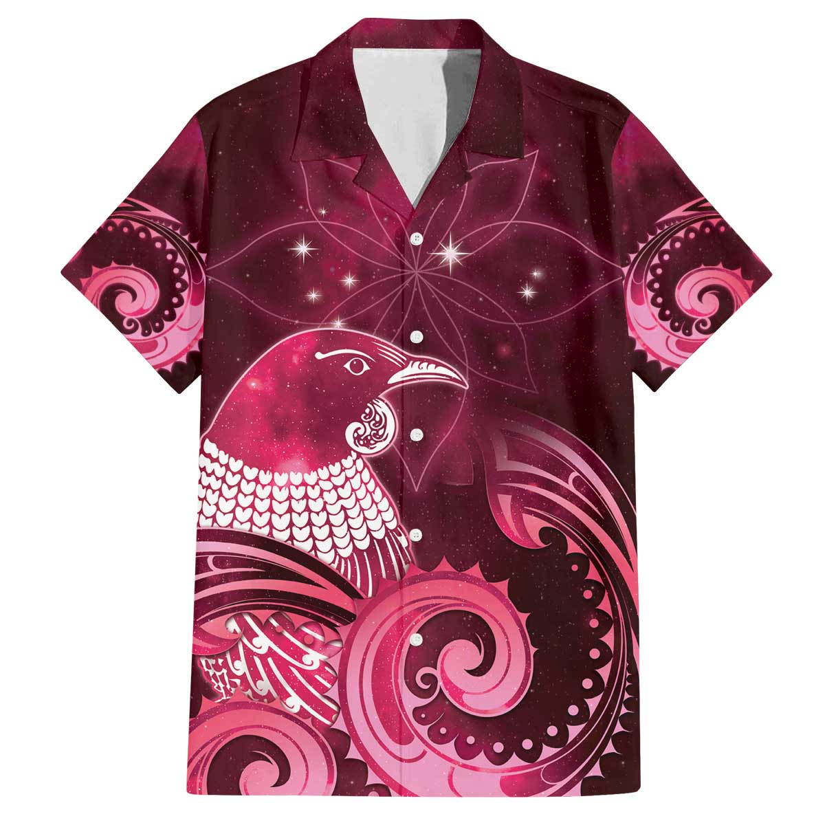 New Zealand Matariki Family Matching Off The Shoulder Long Sleeve Dress and Hawaiian Shirt Maori Tui Bird Magenta Galaxy DT05 Dad's Shirt - Short Sleeve Magenta - Polynesian Pride