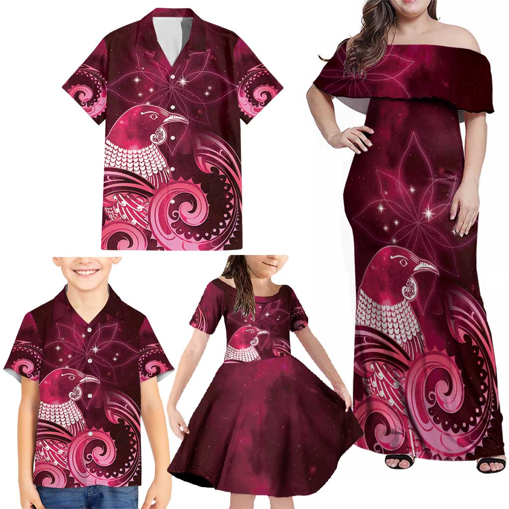New Zealand Matariki Family Matching Off Shoulder Maxi Dress and Hawaiian Shirt Maori Tui Bird Magenta Galaxy DT05 - Polynesian Pride