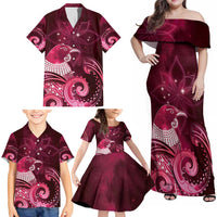 New Zealand Matariki Family Matching Off Shoulder Maxi Dress and Hawaiian Shirt Maori Tui Bird Magenta Galaxy DT05 - Polynesian Pride