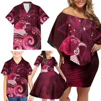 New Zealand Matariki Family Matching Off Shoulder Short Dress and Hawaiian Shirt Maori Tui Bird Magenta Galaxy DT05 - Polynesian Pride