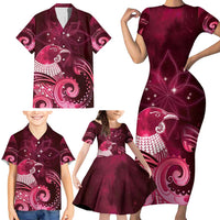 New Zealand Matariki Family Matching Short Sleeve Bodycon Dress and Hawaiian Shirt Maori Tui Bird Magenta Galaxy DT05 - Polynesian Pride