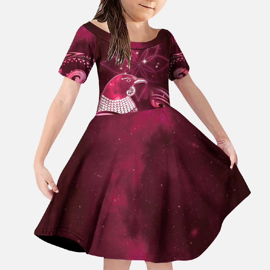 New Zealand Matariki Family Matching Summer Maxi Dress and Hawaiian Shirt Maori Tui Bird Magenta Galaxy DT05 Daughter's Dress Magenta - Polynesian Pride