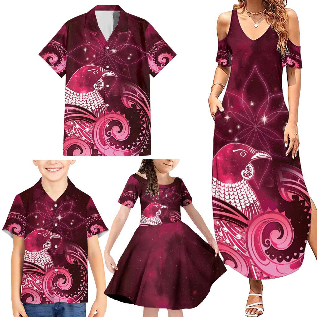New Zealand Matariki Family Matching Summer Maxi Dress and Hawaiian Shirt Maori Tui Bird Magenta Galaxy DT05 - Polynesian Pride