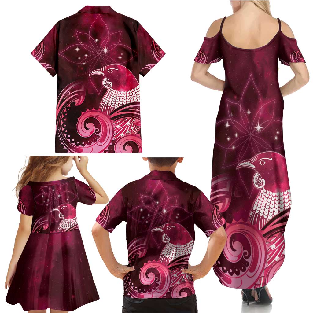 New Zealand Matariki Family Matching Summer Maxi Dress and Hawaiian Shirt Maori Tui Bird Magenta Galaxy DT05 - Polynesian Pride