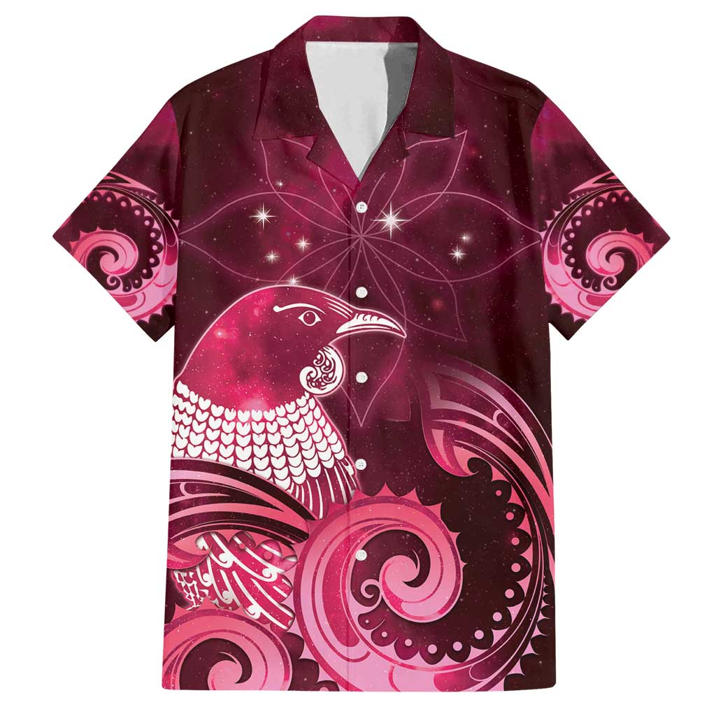 New Zealand Matariki Family Matching Summer Maxi Dress and Hawaiian Shirt Maori Tui Bird Magenta Galaxy DT05 Dad's Shirt - Short Sleeve Magenta - Polynesian Pride