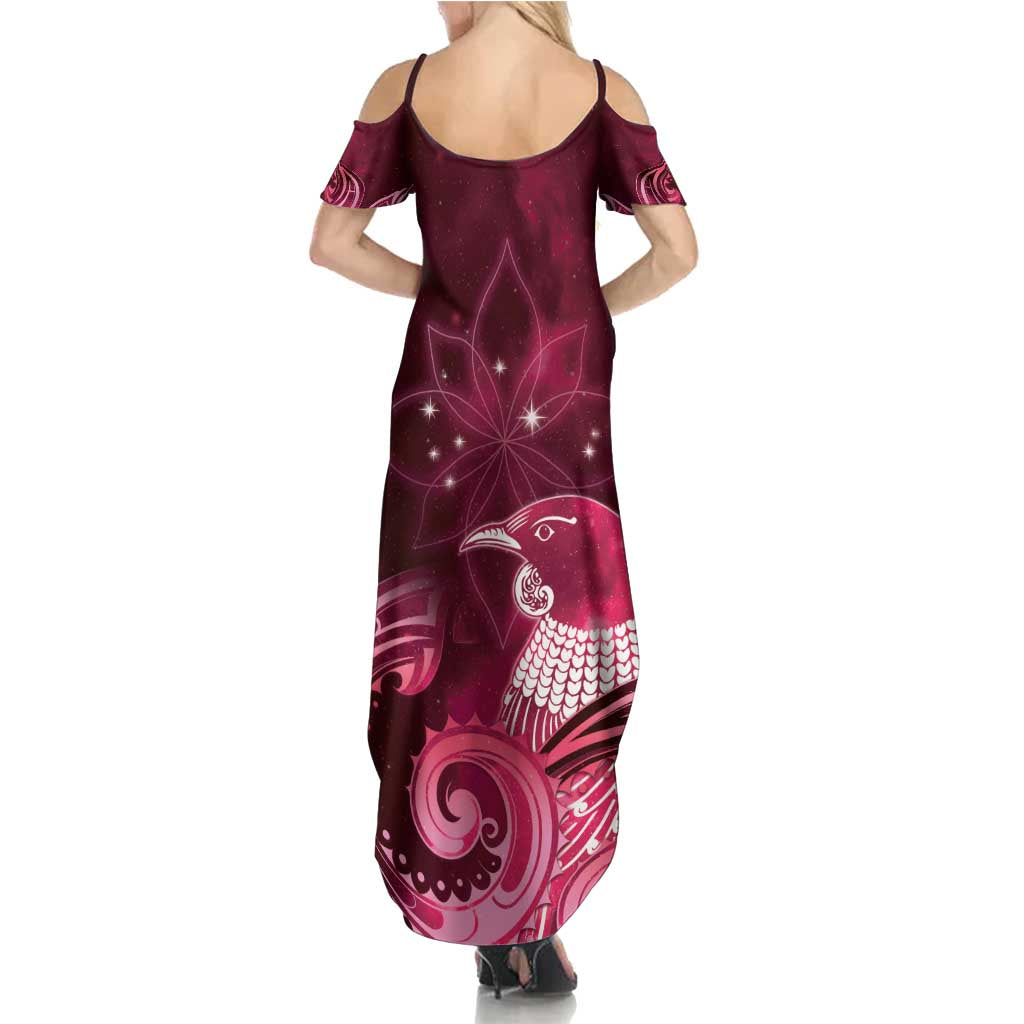 New Zealand Matariki Family Matching Summer Maxi Dress and Hawaiian Shirt Maori Tui Bird Magenta Galaxy DT05 - Polynesian Pride