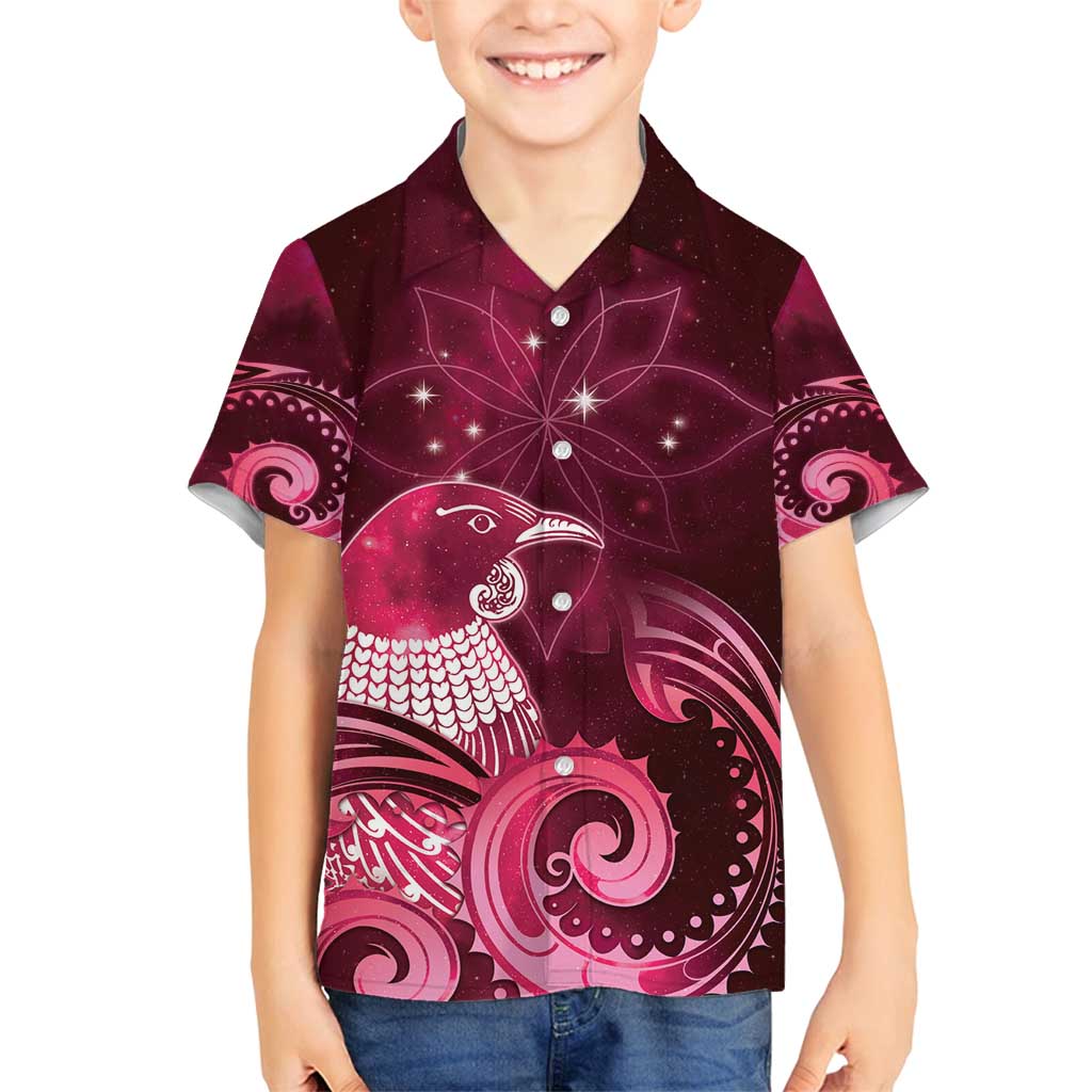 New Zealand Matariki Family Matching Summer Maxi Dress and Hawaiian Shirt Maori Tui Bird Magenta Galaxy DT05 Son's Shirt Magenta - Polynesian Pride