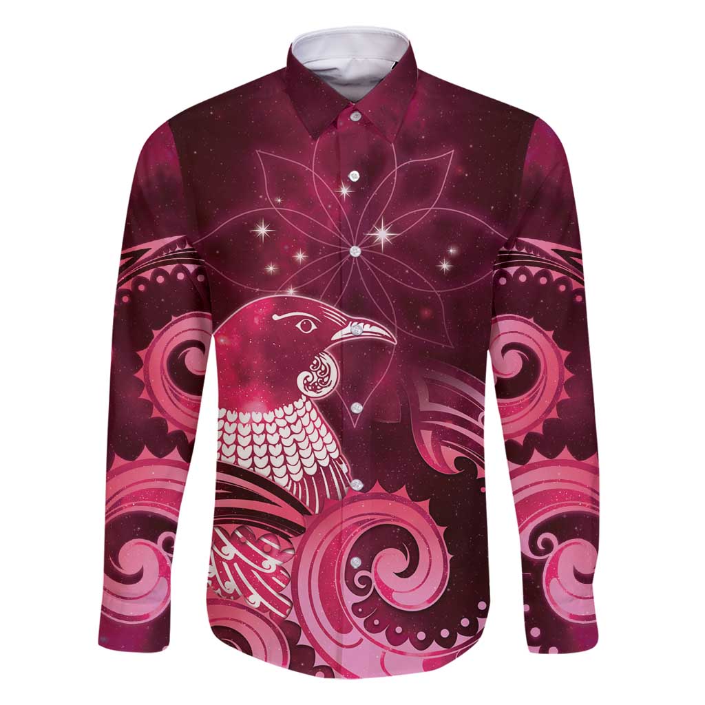 New Zealand Matariki Family Matching Tank Maxi Dress and Hawaiian Shirt Maori Tui Bird Magenta Galaxy DT05 Dad's Shirt - Long Sleeve Magenta - Polynesian Pride