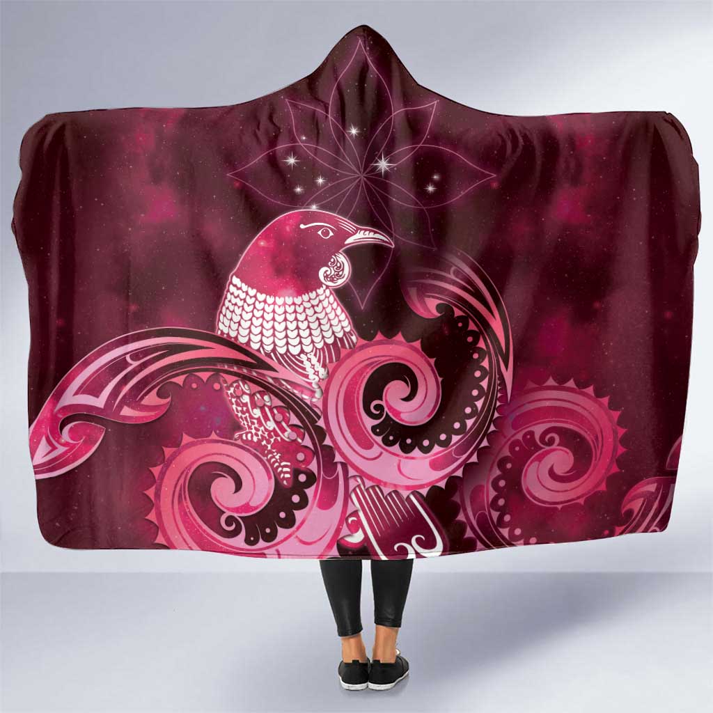 New Zealand Matariki Hooded Blanket Maori Tui Bird Magenta Galaxy