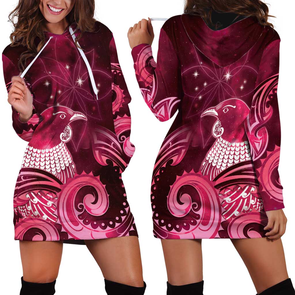New Zealand Matariki Hoodie Dress Maori Tui Bird Magenta Galaxy DT05 - Polynesian Pride