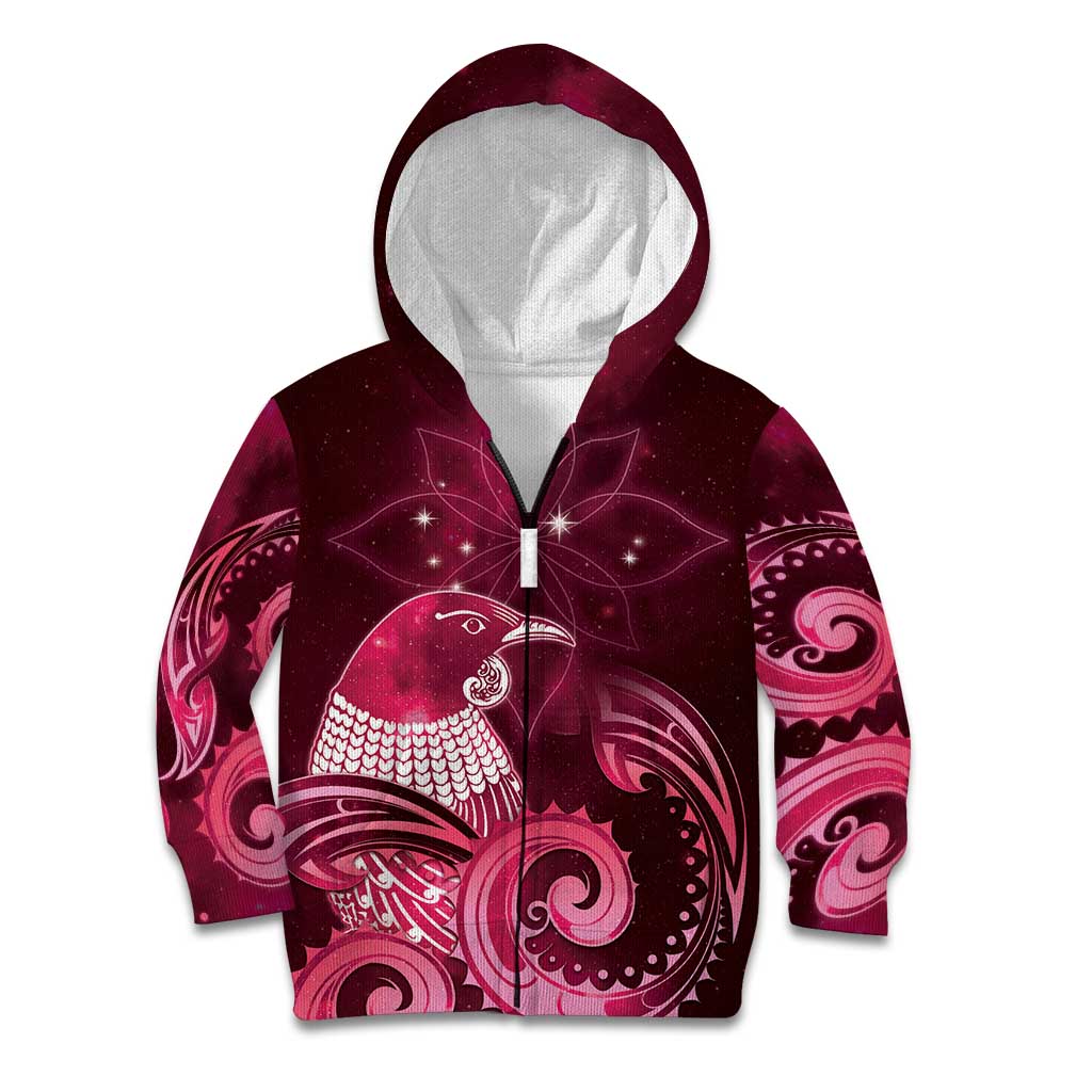 New Zealand Matariki Kid Hoodie Maori Tui Bird Magenta Galaxy DT05 Zip Hoodie Magenta - Polynesian Pride
