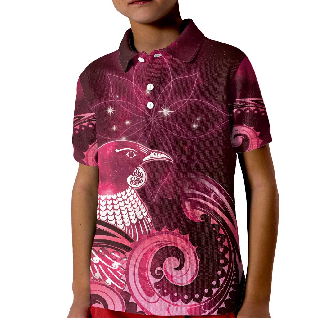 New Zealand Matariki Kid Polo Shirt Maori Tui Bird Magenta Galaxy DT05 Kid Magenta - Polynesian Pride