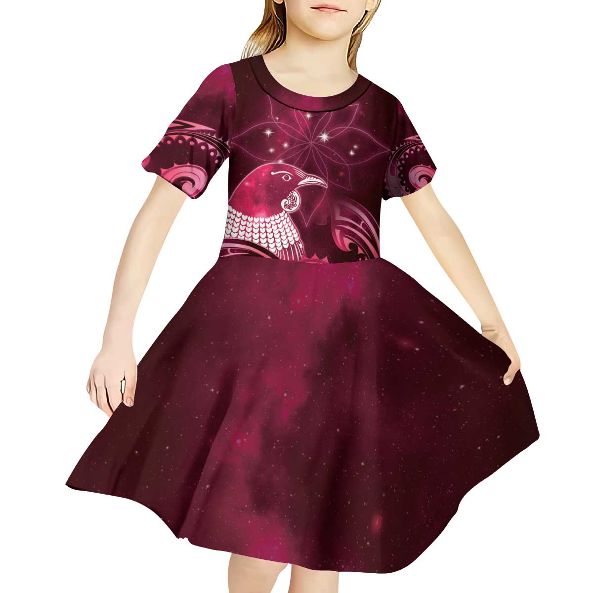 New Zealand Matariki Kid Short Sleeve Dress Maori Tui Bird Magenta Galaxy DT05 - Polynesian Pride