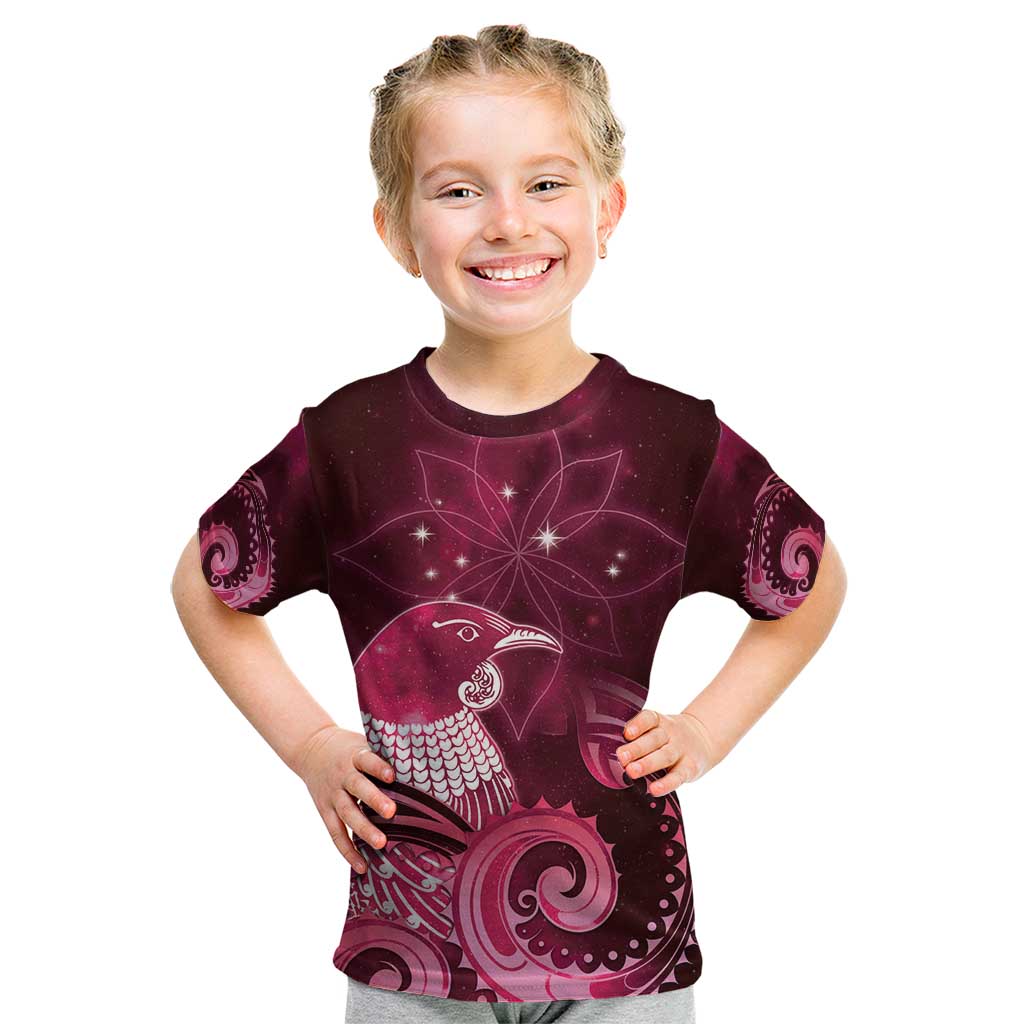 New Zealand Matariki Kid T Shirt Maori Tui Bird Magenta Galaxy DT05 Magenta - Polynesian Pride