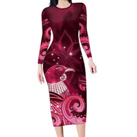 New Zealand Matariki Long Sleeve Bodycon Dress Maori Tui Bird Magenta Galaxy DT05 Long Dress Magenta - Polynesian Pride