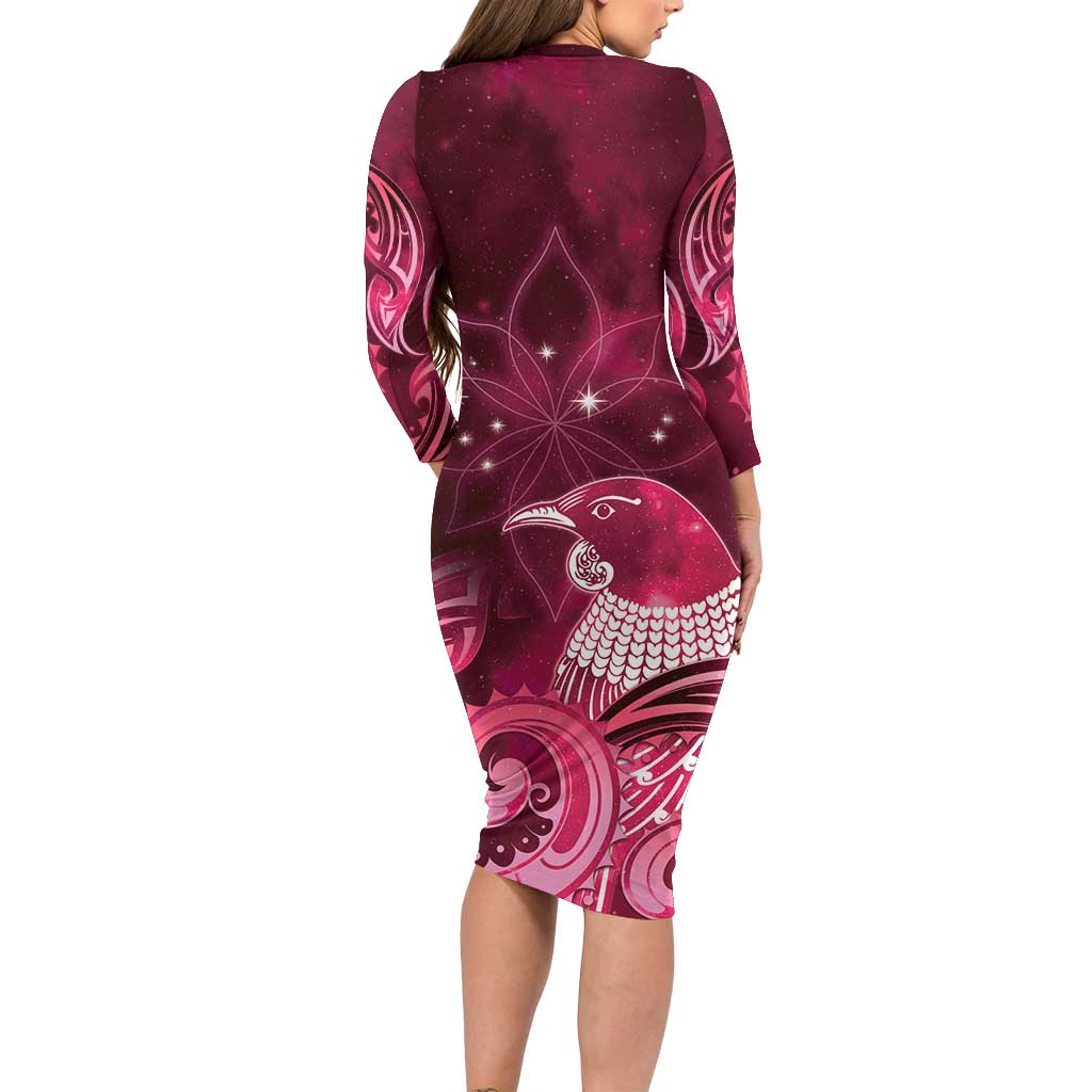 New Zealand Matariki Long Sleeve Bodycon Dress Maori Tui Bird Magenta Galaxy DT05 - Polynesian Pride