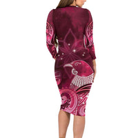New Zealand Matariki Long Sleeve Bodycon Dress Maori Tui Bird Magenta Galaxy DT05 - Polynesian Pride