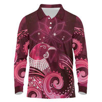 New Zealand Matariki Long Sleeve Polo Shirt Maori Tui Bird Magenta Galaxy DT05 Magenta - Polynesian Pride