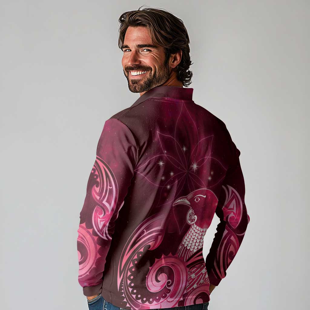 New Zealand Matariki Long Sleeve Polo Shirt Maori Tui Bird Magenta Galaxy DT05 - Polynesian Pride