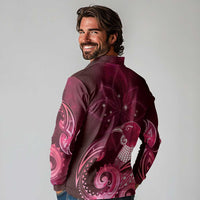 New Zealand Matariki Long Sleeve Polo Shirt Maori Tui Bird Magenta Galaxy DT05 - Polynesian Pride