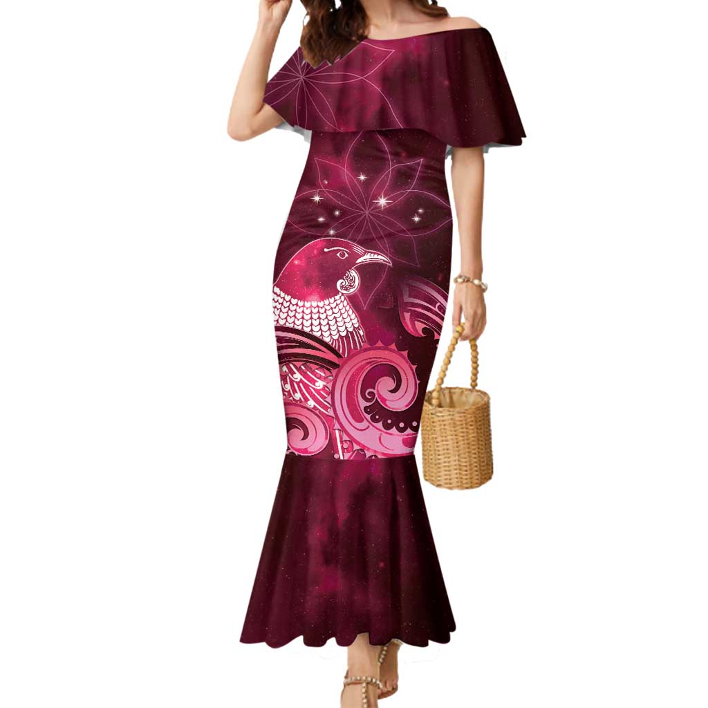 New Zealand Matariki Mermaid Dress Maori Tui Bird Magenta Galaxy DT05 Women Magenta - Polynesian Pride