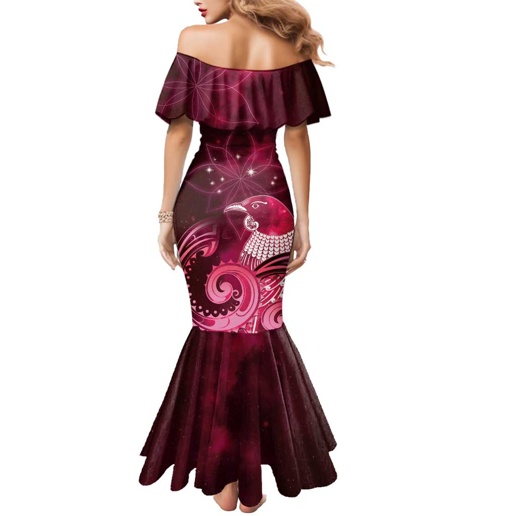 New Zealand Matariki Mermaid Dress Maori Tui Bird Magenta Galaxy DT05 - Polynesian Pride