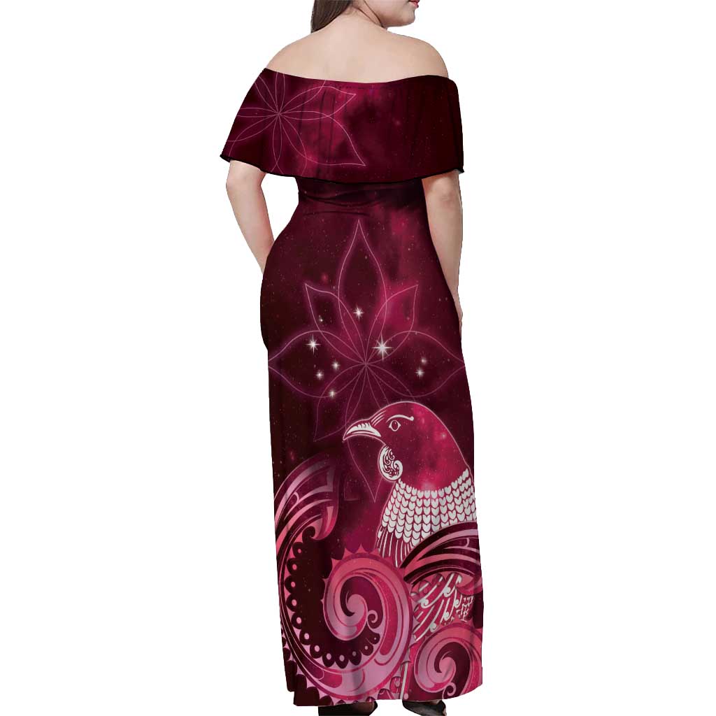 New Zealand Matariki Off Shoulder Maxi Dress Maori Tui Bird Magenta Galaxy DT05 - Polynesian Pride