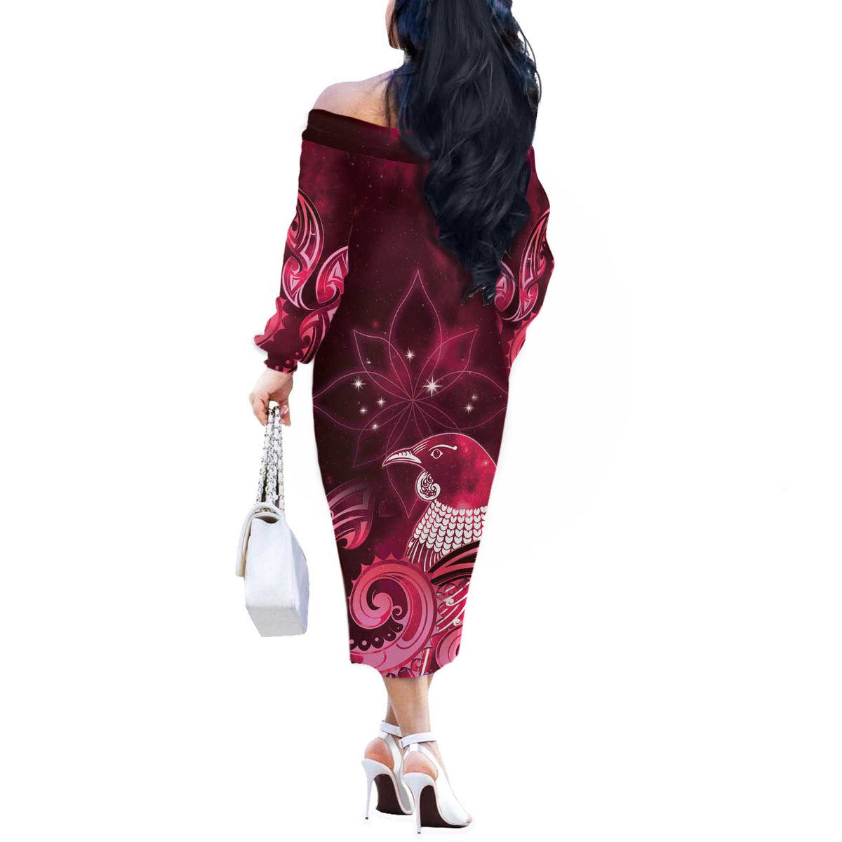 New Zealand Matariki Off The Shoulder Long Sleeve Dress Maori Tui Bird Magenta Galaxy DT05 - Polynesian Pride