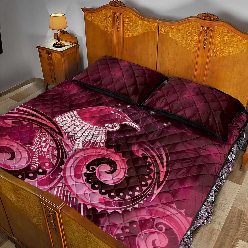 New Zealand Matariki Quilt Bed Set Maori Tui Bird Magenta Galaxy