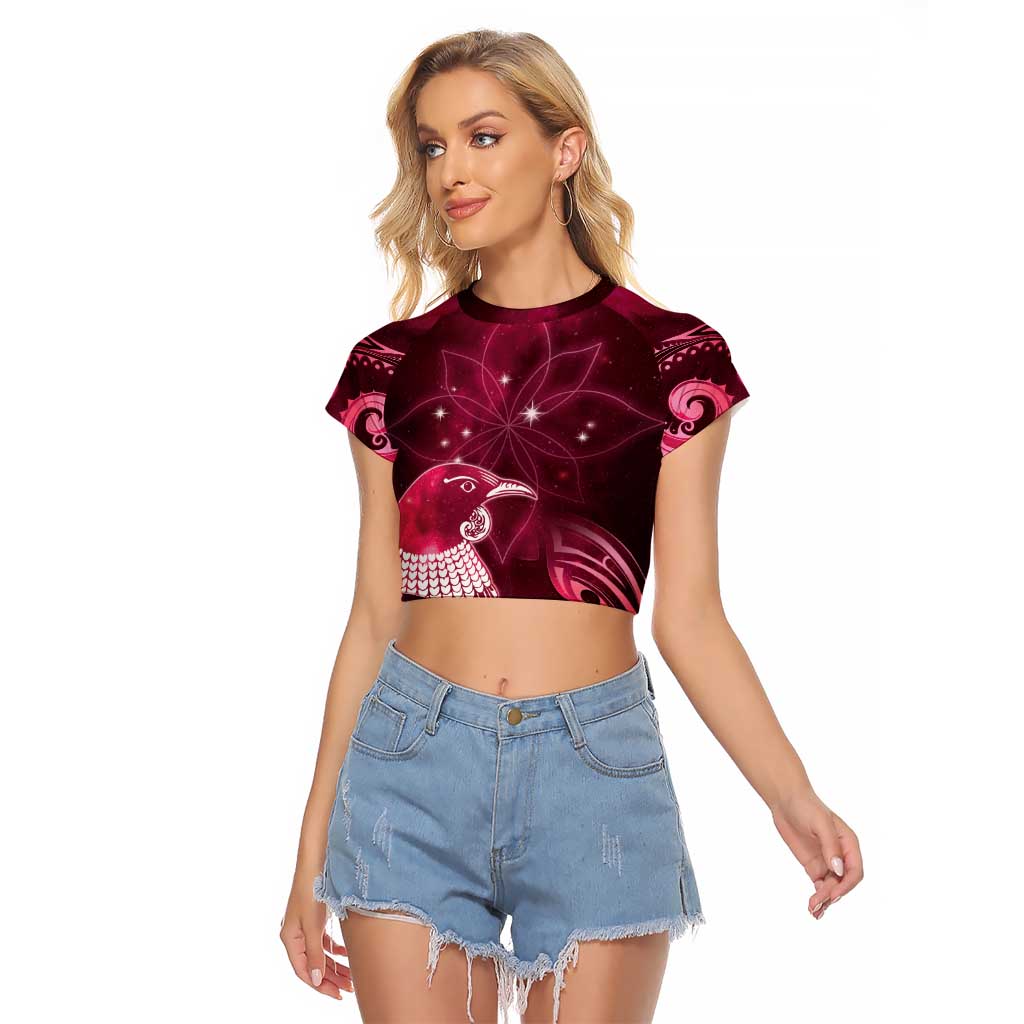 New Zealand Matariki Raglan Cropped T Shirt Maori Tui Bird Magenta Galaxy DT05 Female Magenta - Polynesian Pride