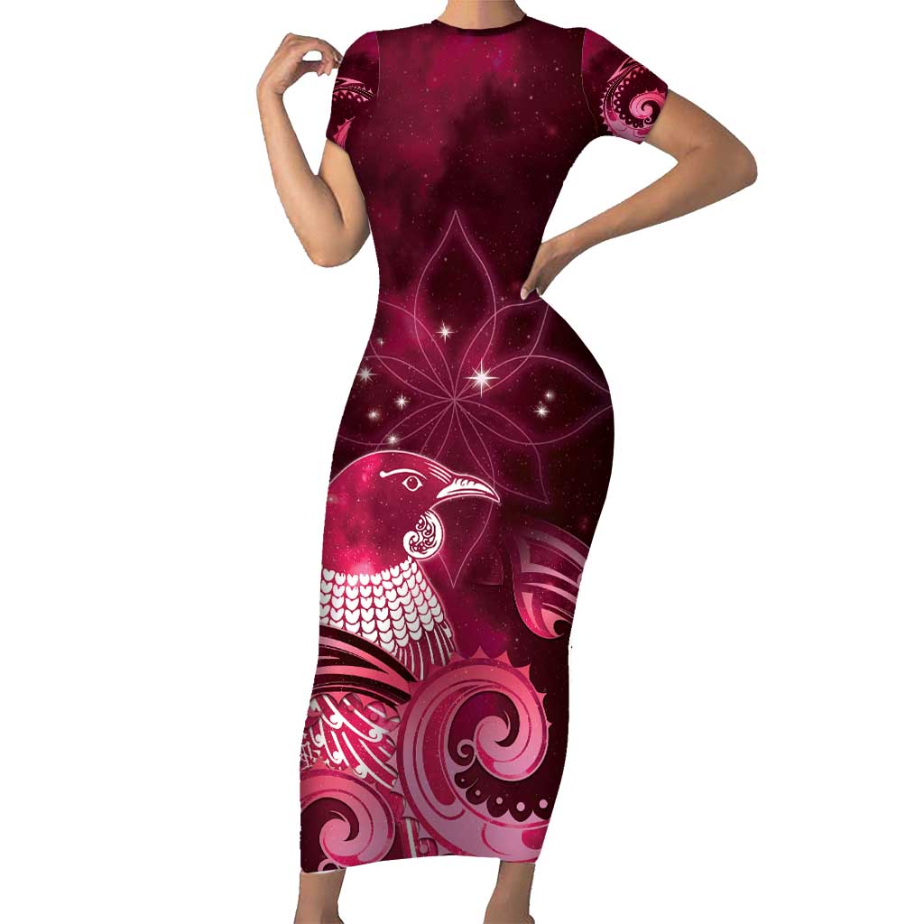 New Zealand Matariki Short Sleeve Bodycon Dress Maori Tui Bird Magenta Galaxy DT05 Long Dress Magenta - Polynesian Pride
